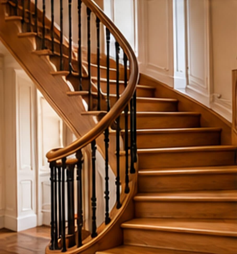 Escalier en bois restauré dans un immeuble parisien